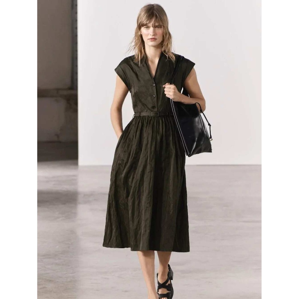 Zara ZW Collection Belted Midi Dress Green Pockets Pleated V Neck A Line M